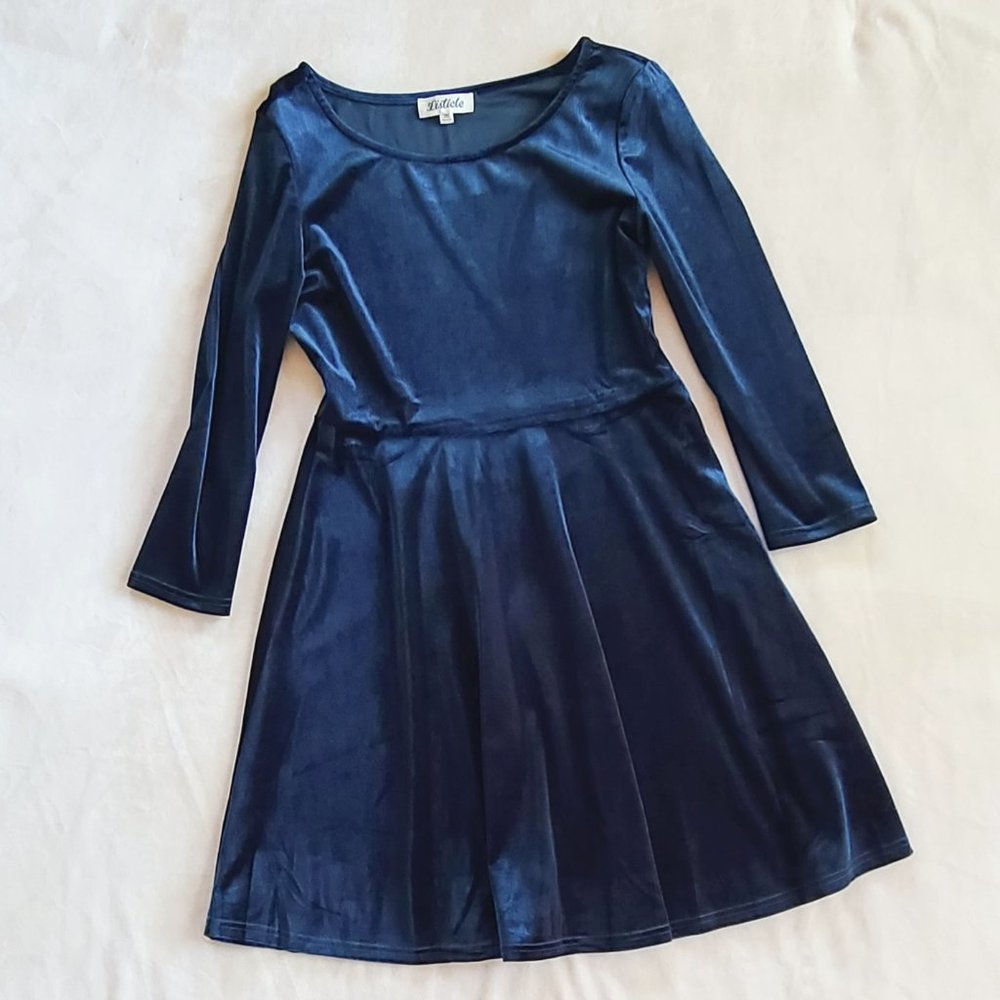 Teal Blue/Green Velvet Long Sleeve A-Line Dress | Size M